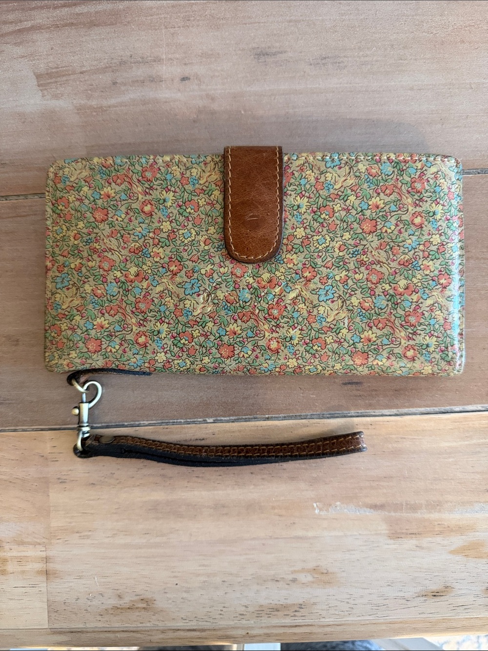 Patricia Nash Floral Leather Wristlet Wallet - Brown Trim